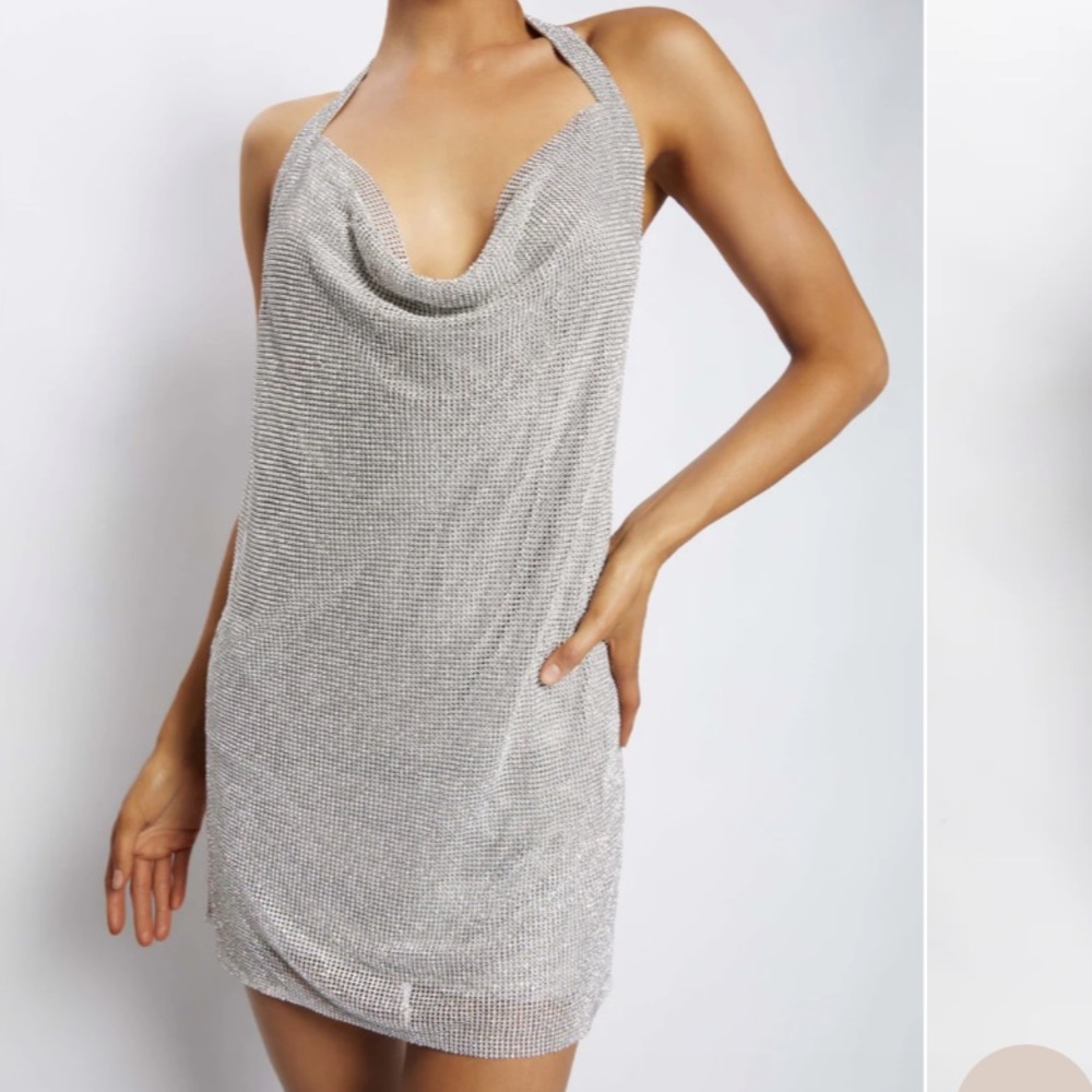 NWT Meshki Mini Dress, Mesh, Silver, Low back,